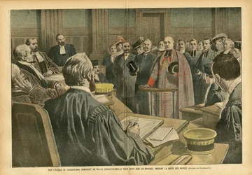 Illustration von Eugene Damblans (1865-1945) in Le Pelerin, 28/07/07 - MGR Carcassonnes Bischof vor dem Korrektionsgericht, weil er eine Ehe gesegnet hat, während des Streiks der Bürgermeister - Justiz Prozess, Religion Glaube, Ehe, Carcassonne, Katholizis