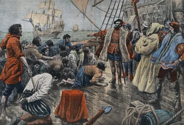 Illustration der Mannschaft von Ferdinand Magellan, die ihm nach einer gescheiterten Meuterei die Treue schwört - Ferdinand Magellan (1480-1521), portugiesischer Navigator, beruhigt eine Meuterei seiner Mannschaft und lässt sie nach der Vergebung auf ein K