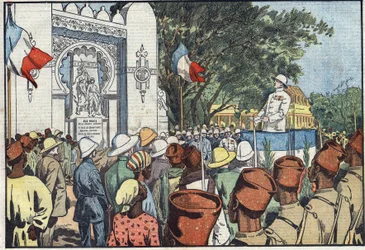 Einweihung in Dakar durch Andre Maginot (1877-1932), Minister der Kolonien, des Denkmals für die dreißigtausend Toten von Französisch-Westafrika. Illustration von Damblans. In „Le Pelerin“ vom 10. März