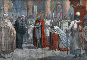 Ludwig VII. der Jüngere (1120 - 1180), König von Frankreich, auf dem Weg zum 3. Kreuzzug mit Alienor von Aquitanien (1122-1204) (oder Eleonore von Guyenne), übergab die Regentschaft an den weisen und gelehrten Suger, Abt der Abtei Saint Denis bei Paris. Ze