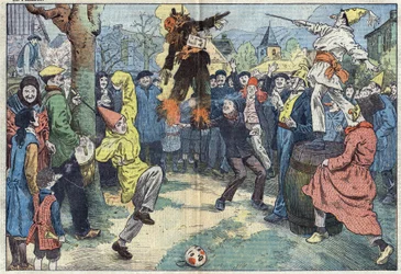 Alte Bräuche: die Verbrennung des „Karnevals“ am Abend des Faschingsdienstags (Mardi-Gras) symbolisiert die Freuden und guten Dinge, die an der Schwelle der Fastenzeit aufgegeben werden. Illustration von Damblans. In „Le Pelerin“ vom 16. März.