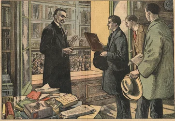 Studenten der juristischen Fakultät halten eine Rede an Dekan Henry Berthelemy (1857-1943). Illustration von Damblans. In „Le Pelerin“ vom 10. April.