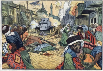 Die Drusen (Druses) plündern die Straßen von Damaskus (Syrien) während des Angriffs auf die Stadt durch Flugzeuge und ein Selbstmaschinengewehr (Selbstmaschinengewehr) der französischen Truppen von General Maurice Sarrail (1856-1929). Illustration von Damb