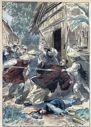 Der französische Priester Berthollet (1865-1898), Priester der Auslandsmissionen, wurde am 21. April 1898 nahe der Stadt Yun Ngan Cheou (Yun-Ngan-Cheou) von chinesischen Nationalgardisten ermordet. Illustration von Damblans in „Le Pèlerin“ vom 10. Juli