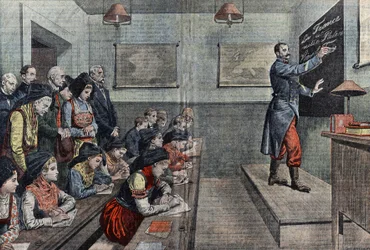 Die erste Klasse in Französisch im zurückeroberten Elsass. Illustration von Damblans. In „Le Pelerin“ von 1914