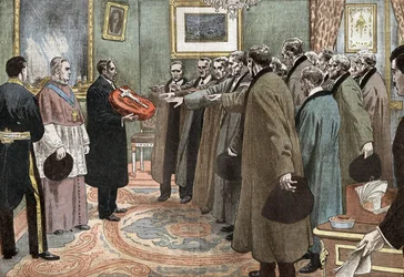 Delegierte der Republik Andorra mit dem Bischof von Urgel, die den Treueeid gegenüber Frankreich ablegen, Illustration von Damblans aus der Zeitung "Le Pelerin" 3. Mai