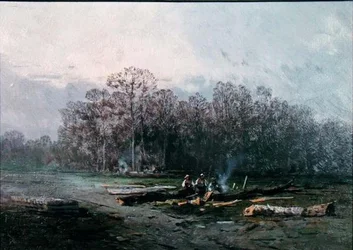 Nebelige Landschaft mit Holzfällern