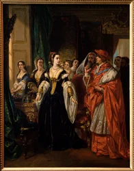 Die Scheidung von Heinrich VIII.: Kardinal Thomas Wolsey (1475-1530) und Katharina von Aragon (1485-1536) im Jahr 1533 - Szene aus dem Stück „The Famous History of the Life of King Henry the Eighth“ von William Shakespeare - Gemälde von Eugene Deveria (180