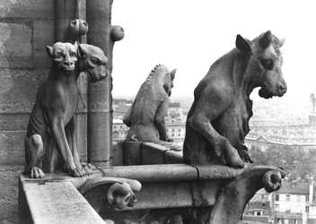 Zwei Wasserspeier von der Balustrade der Grande Galerie der Westfassade, Replik eines Originals aus dem 12. Jahrhundert