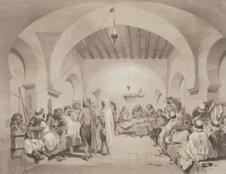 Café du Divan, Algier, aus einem Band zur Erinnerung an die französische Expeditionsarmee, die Algier 1830 eroberte, graviert von Adolphe Jean-Baptiste Bayot (1810-66)