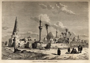 Das Grab von Scheich Omar in Bagdad, Zeichnung von Eugene Flandin (1809-1876), zur Illustration seiner Reise nach Mesopotamien in den Jahren 1840-1842. Gravur in „Le tour du monde“ 1861. Sammlung Selva