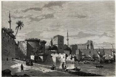 Die Ansicht des Hafens von Rhodos und das Tor von Aubusson, Zeichnung von Eugene Flandin, zur Illustration seiner Reise zur Insel Rhodos im Jahr 1844. Gravur in „Le tour du monde“, herausgegeben von Edouard Charton