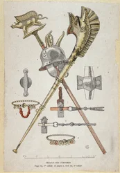 Zubehör des gallischen Kriegers: Banner, das einen Saglier schmückt, der Helm und das Kriegshorn (Carnyx) - in „Illustrierte Lehrhefte, Kriegskostüme der Bronzezeit und der gallischen Zeit“, ed. Grasset