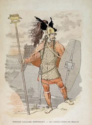 Gallischer Anführer (nach einer Medaille): hält ein „Banner“ dekoriert mit einem Eber - in „Illustrierte Lehrhefte, Kriegskostüme der Bronzezeit und der gallischen Zeit“, hrsg. Grasset