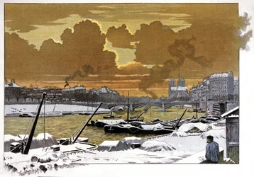 Paris, Lastkähne im Schnee an der Pont de Sully, ca. 1905