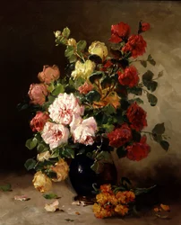 Stillleben mit Rosen und Levkojen