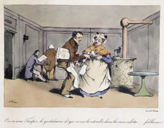 Waldkarikatur in einem französischen Café.