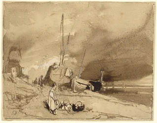 Strandrand (Fischerboote am Strand, Sturmwolken in der Ferne)