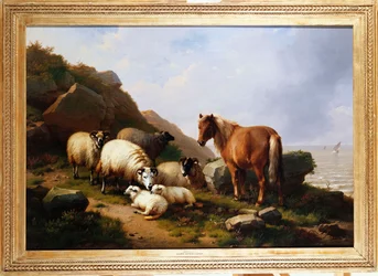 Ein Pony und Schafe auf einer Klippe mit einem Segelschiff dahinter, 1868