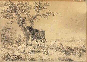 Landschaft mit Tieren und einem Jungen auf einem Baum, 1866.