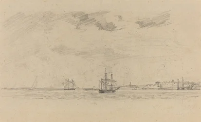 Küstenlandschaft mit Schiffen, ca. 1858