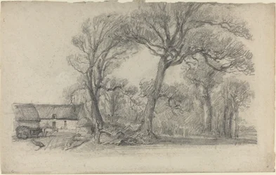 Landschaft mit Bäumen, Hütte und Bauernwagen, ca. 1858