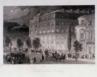 Animation um die Theater des Boulevard des Italiens in Paris. Gravur von Eugene Louis Lami (1800-1890) 1843