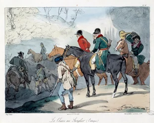 Wildschweinjagd. Illustration des Buches „La vie de château“. Gravur von Eugène Louis Lami (1800-1890)