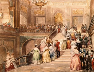 König Louis Philippe I. (1773 - 1850) und Königin Marie Amélie de Bourbon (1782 - 1866) empfingen die Gäste anlässlich der Eröffnung des Museums von Versailles im Jahr 1837. Illustration von Eugène Lami (1800 - 1890)