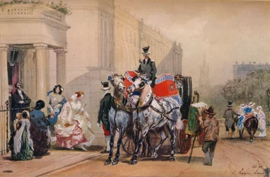Damen steigen in ihre Kutsche am Belgrave Square