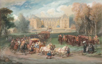 Ludwig XIV. fährt seine Kutsche im Park von Versailles