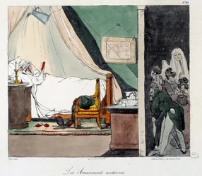 Nächtlicher Spaß. Kinder erschrecken eine Person, die im Bett liest. Illustration des Buches „La vie de chateau“. Gravur von Eugene Louis Lami (1800-1890).
