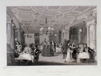 Ansicht des Inneren des Restaurants „Les trois frères provençaux“ in der Nähe des Palais Royal in Paris. Gravur von Eugene Louis Lami (1800-1890) 1843 Private Sammlung