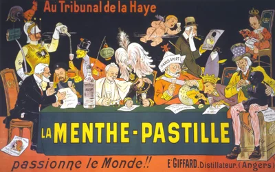 Karikaturplakat zur Friedenskonferenz in Den Haag 1899: „Im Haager Gericht, die Minzpastille - begeistert die Welt!“ von Eugène Ogé (1861 - 1936)