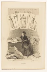 Frau betrachtet Drucke hinter einem Schreibtisch