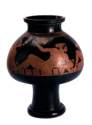 Rotfiguriger Psykter zur Weinkühlung mit einer Symposionszene, antikes Griechenland, ca. 505-500 v. Chr.