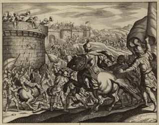 Abimelech greift den Turm von Thebez an (Stich)