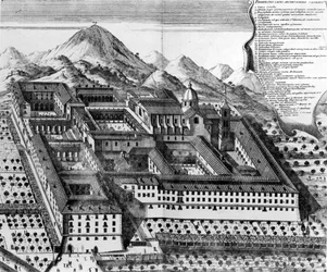 Luftaufnahme von Monte Cassino, Italien (Gravur)