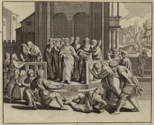 Ananias fällt tot um, nachdem er den Heiligen Geist belogen hat