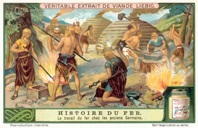 Alte germanische Stammesangehörige stellen Eisenwaffen her