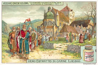 Krönungsprozession von König Olaf II. von Norwegen verlässt den Dom von Trondheim