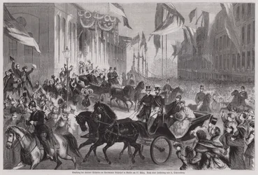 Menschenmengen begrüßen Kaiser Wilhelm I. von Deutschland am Berliner Bahnhof