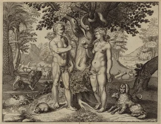 Eva wird von der Schlange verführt, die Frucht vom Baum der Erkenntnis zu essen