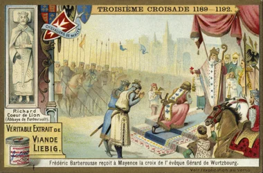 Friedrich Barbarossa nimmt das Kreuz vom Bischof von Würzburg, Mainz, Deutschland, Dritter Kreuzzug, 1188