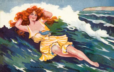 Mädchen liegt unwahrscheinlich auf einer Welle