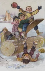 Neujahrsgrußkarte mit Kindern, die im Schnee spielen