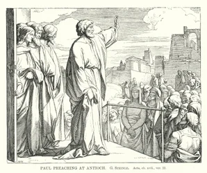 Paulus predigt in Antiochia, Apostelgeschichte, Kapitel xvii, Vers 22 (Gravur)