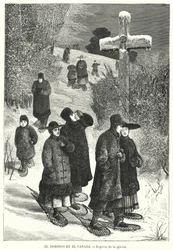 Menschen mit Schneeschuhen kehren am Sonntag von der Kirche zurück, Kanada
