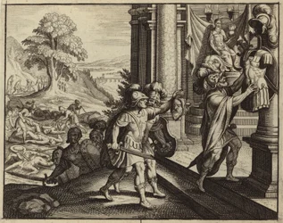Philister legen den Kopf Sauls in den Tempel ihres Gottes Dagon (Stich)