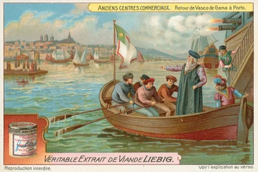 Porto, Rückkehr von Vasco da Gama, Liebig-Karte, frühes 20. Jahrhundert (Chromo)
